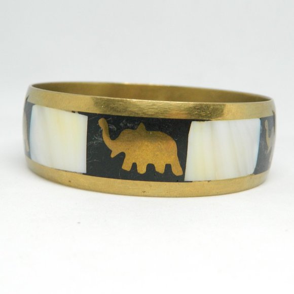 Vintage Jewelry - Brass Elephant Mother of Pearl Bracelet